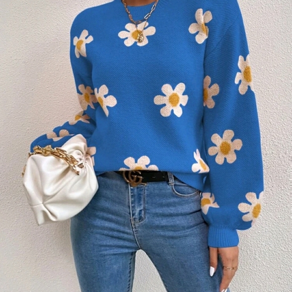 Floral Pattern Drop Shoulder Sweater Blouse - Picture 5 of 7